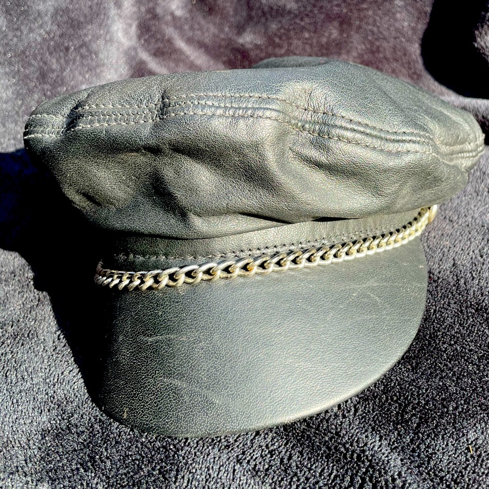 Black Leather Vintage chain cap motorcycle hat size small made in USA.